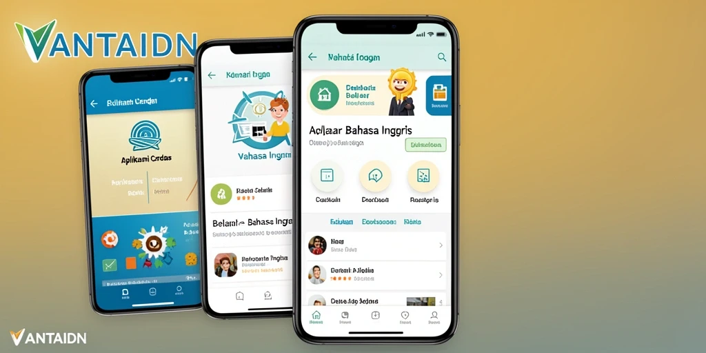 Screenshot VANTAIDN menampilkan antarmuka belajar bahasa Inggris yang interaktif.